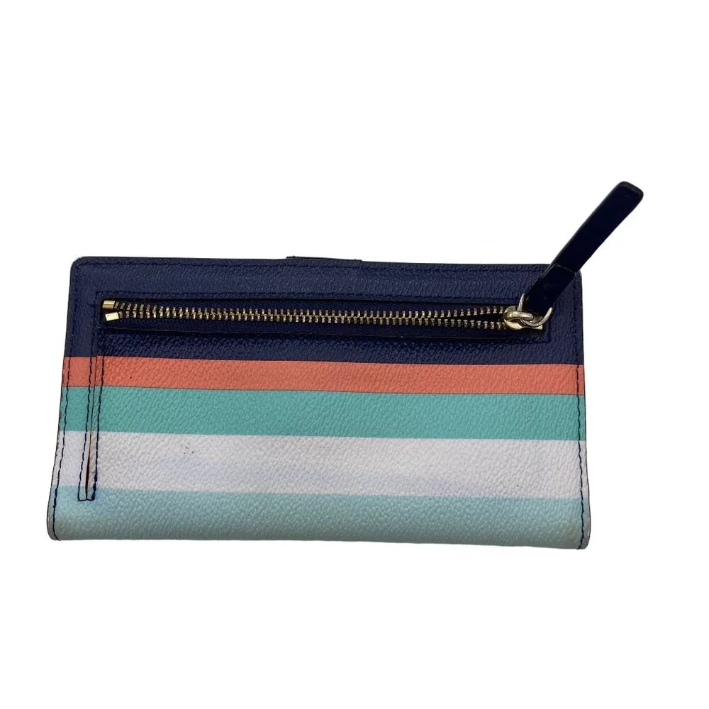 Kate Spade slim bi fold wallet Stripe blue pink button shut pocket book leather‎